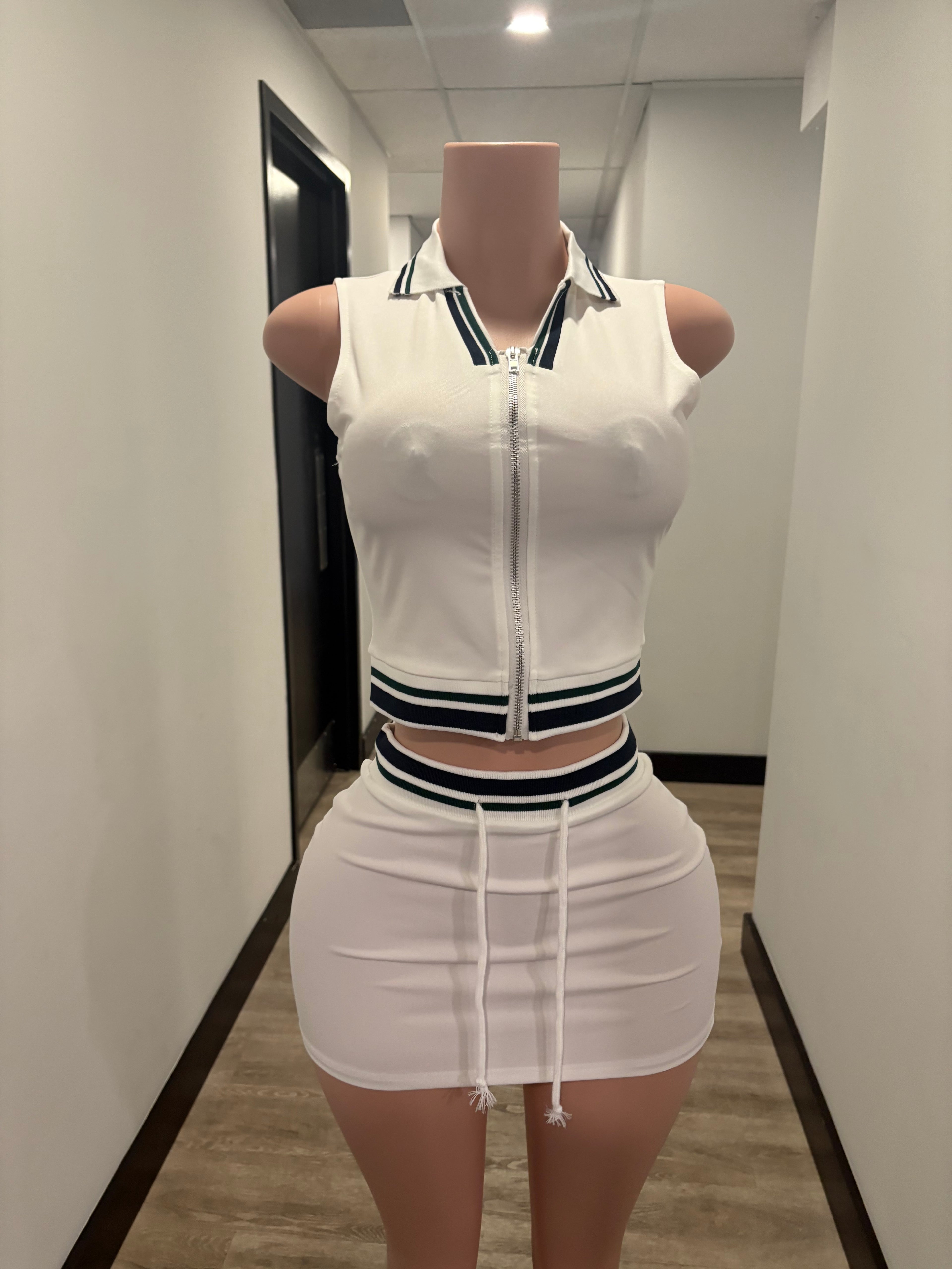 White Sporty Zip-Up Skirt Set