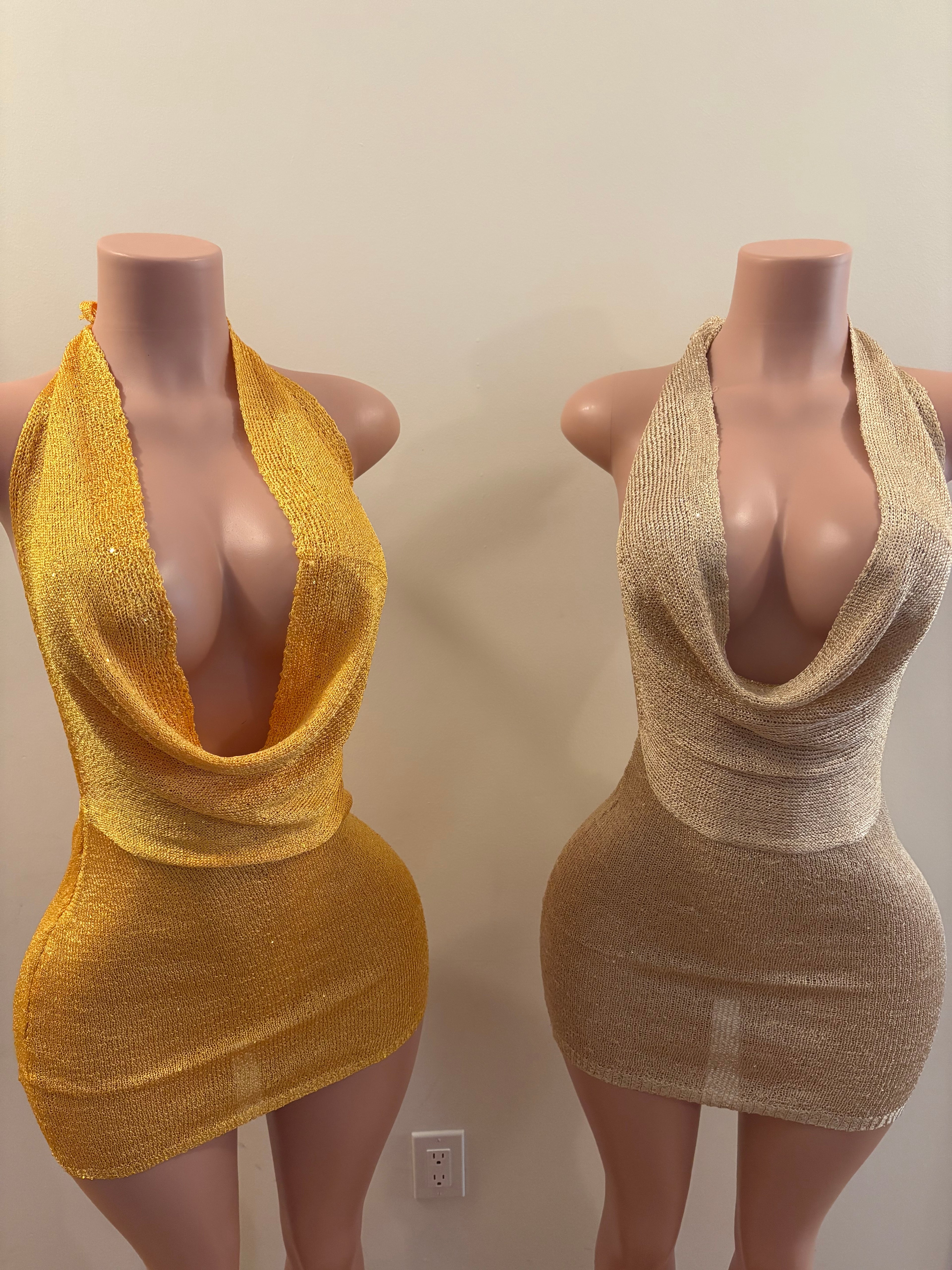 Gold Shimmer Plunge Mini Dress