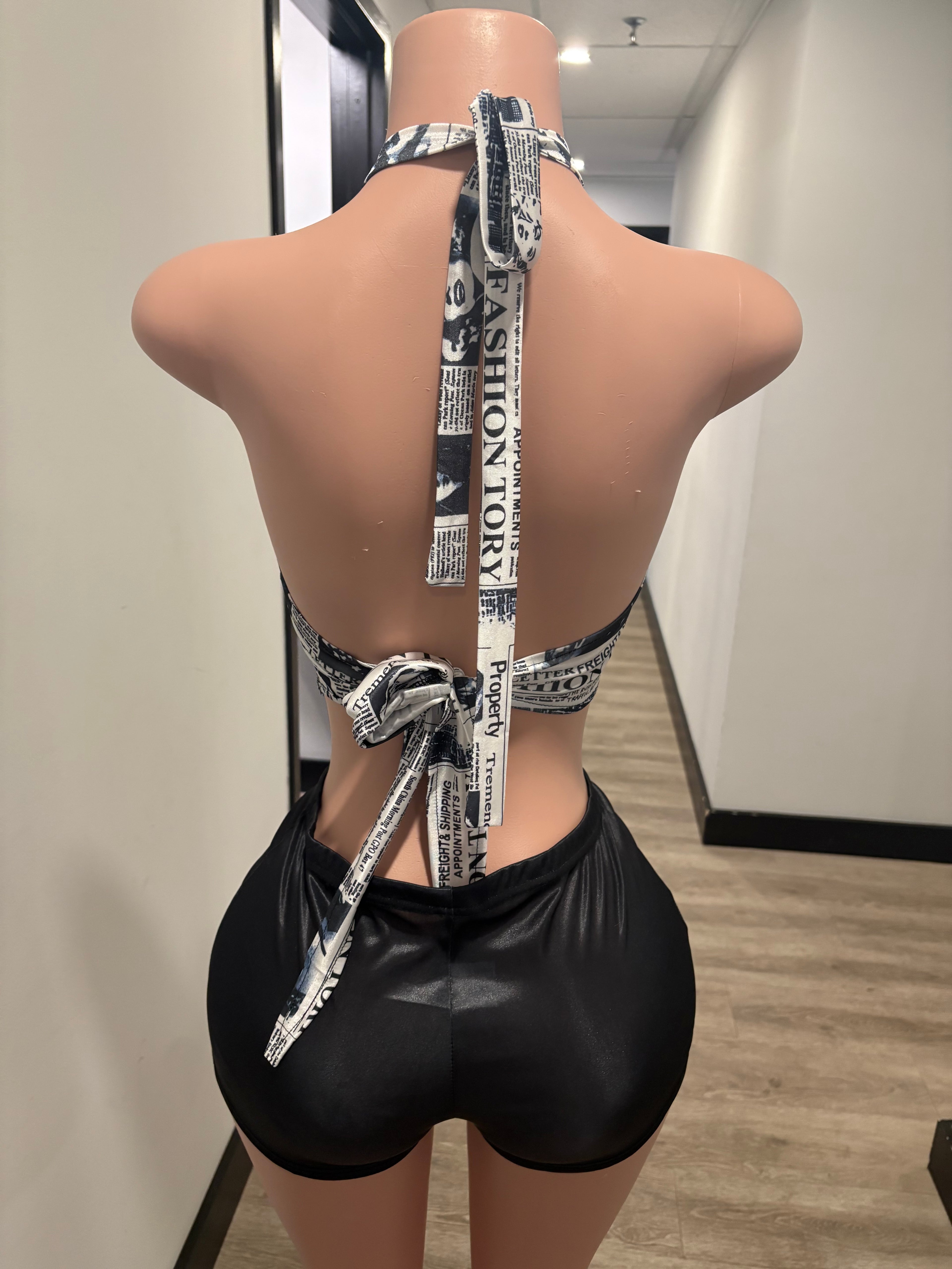 Newspaper Print Halter Top + Black Shorts