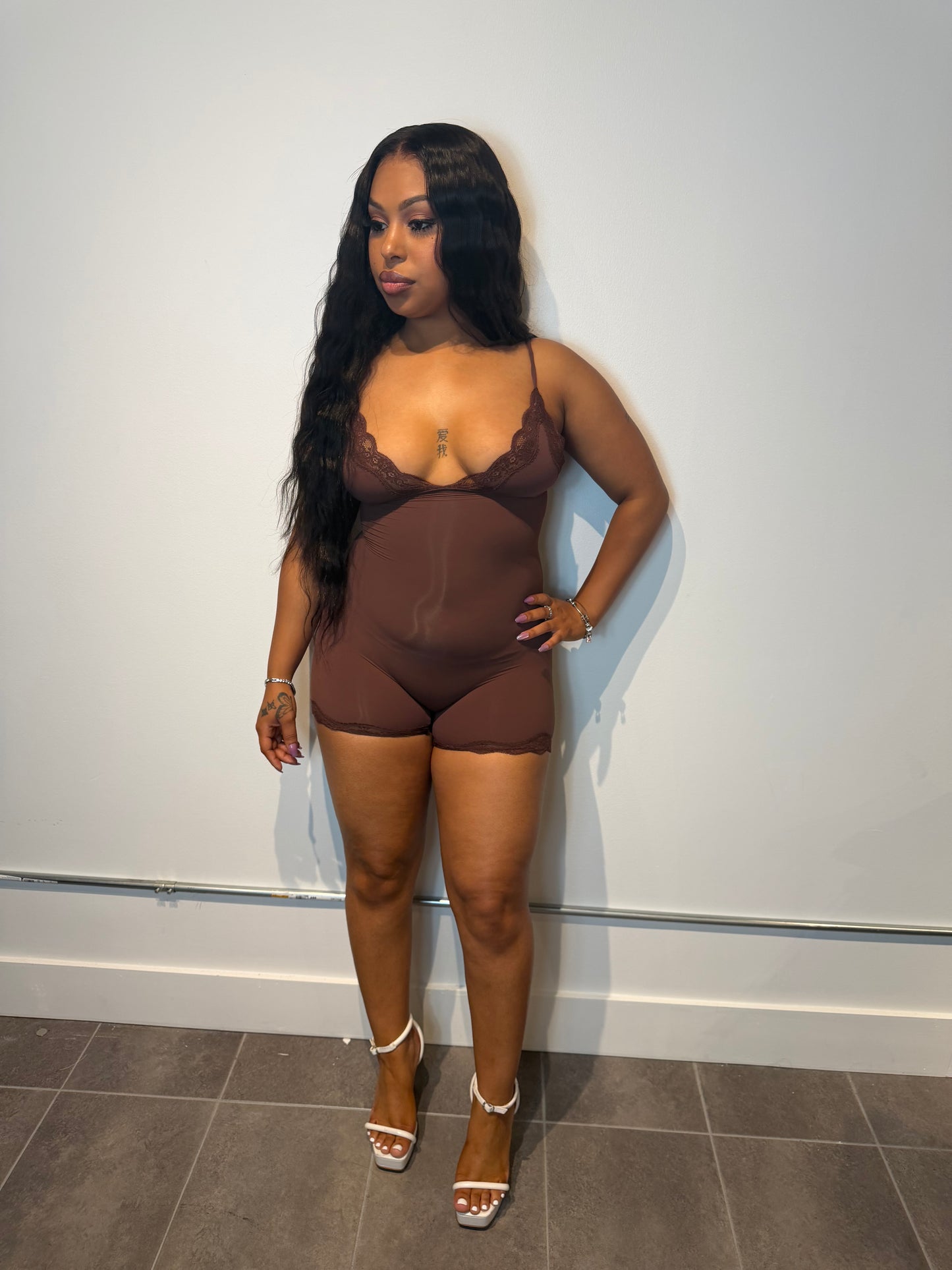 Mocha Muse Sheer Lace Romper