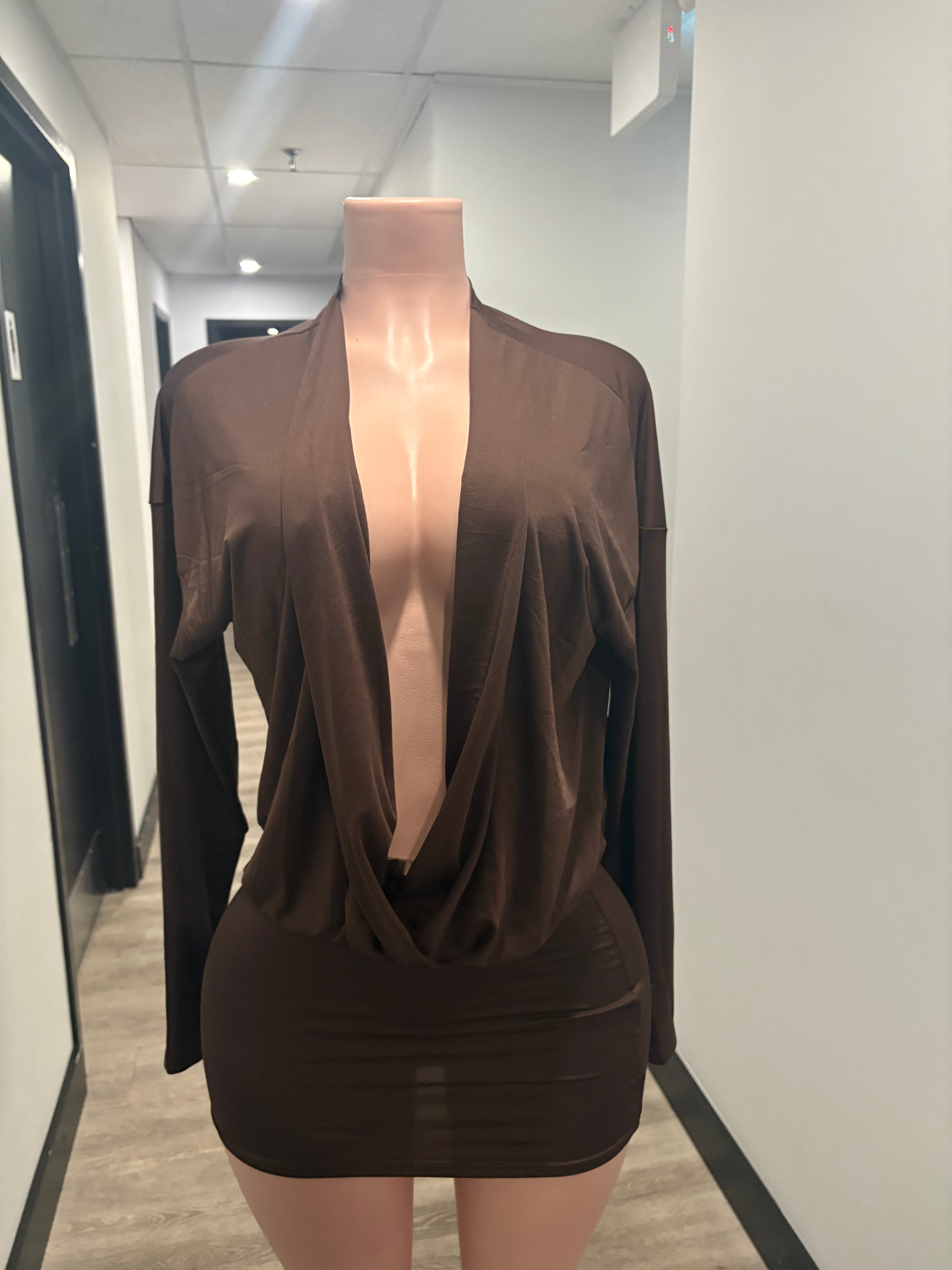 Brown Deep Plunge Mini Dress