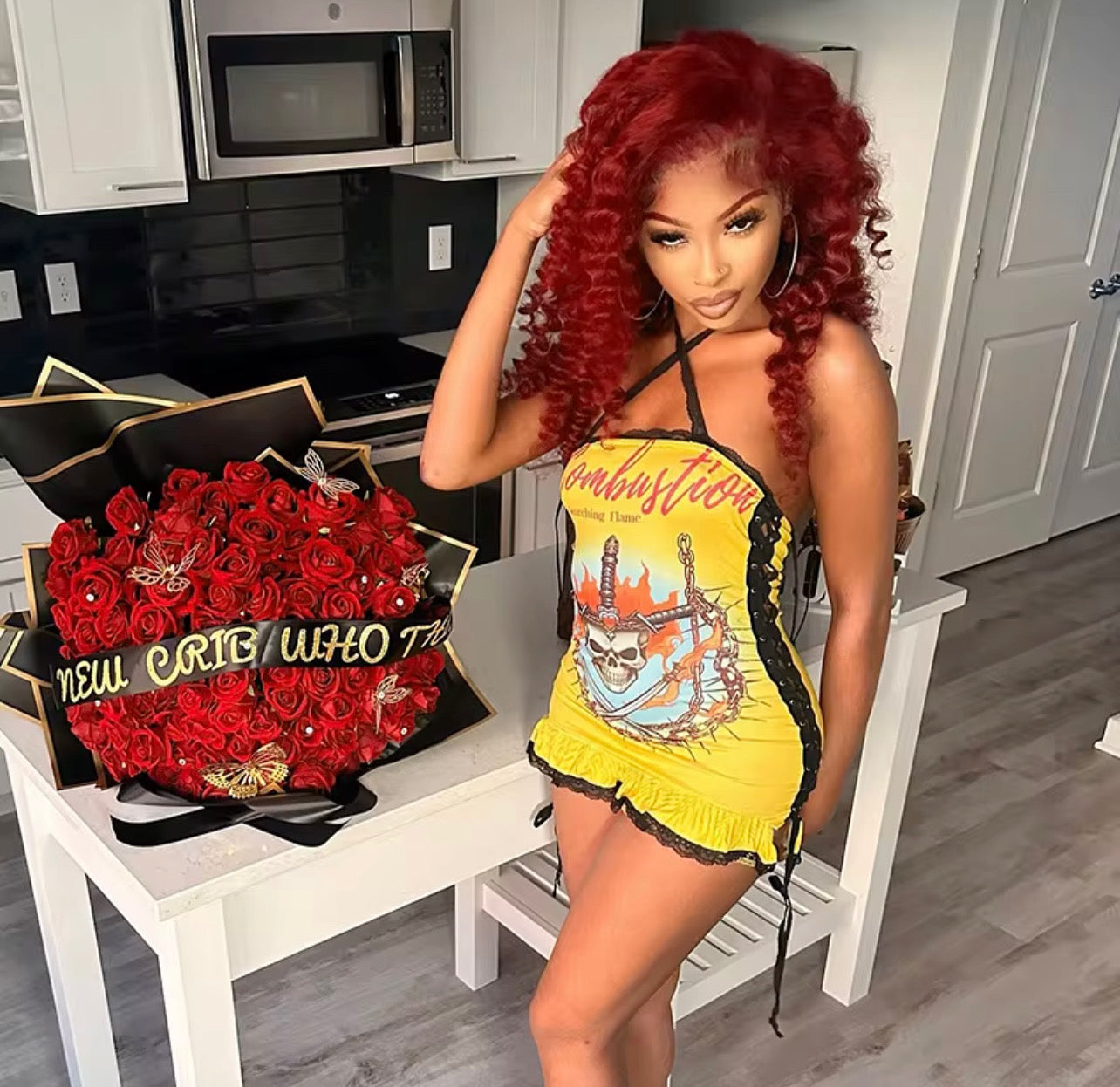 Yellow “Combustion” Graphic Dress