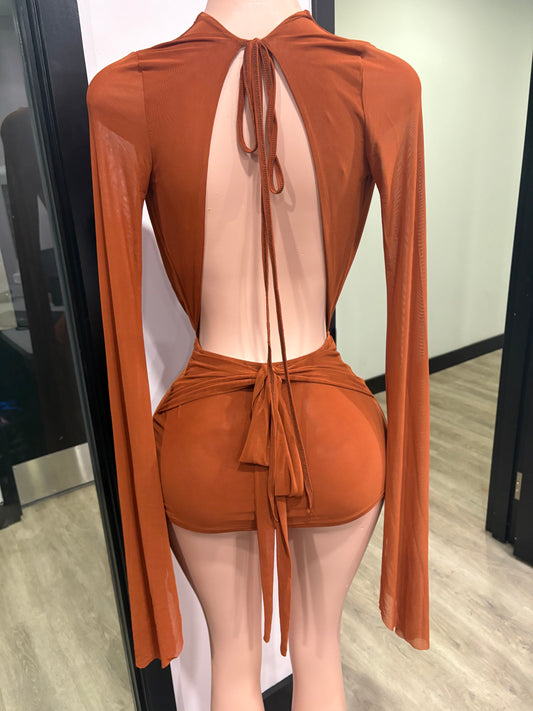 Satin Heat | Rust Drape-Front Backless Mini Dress