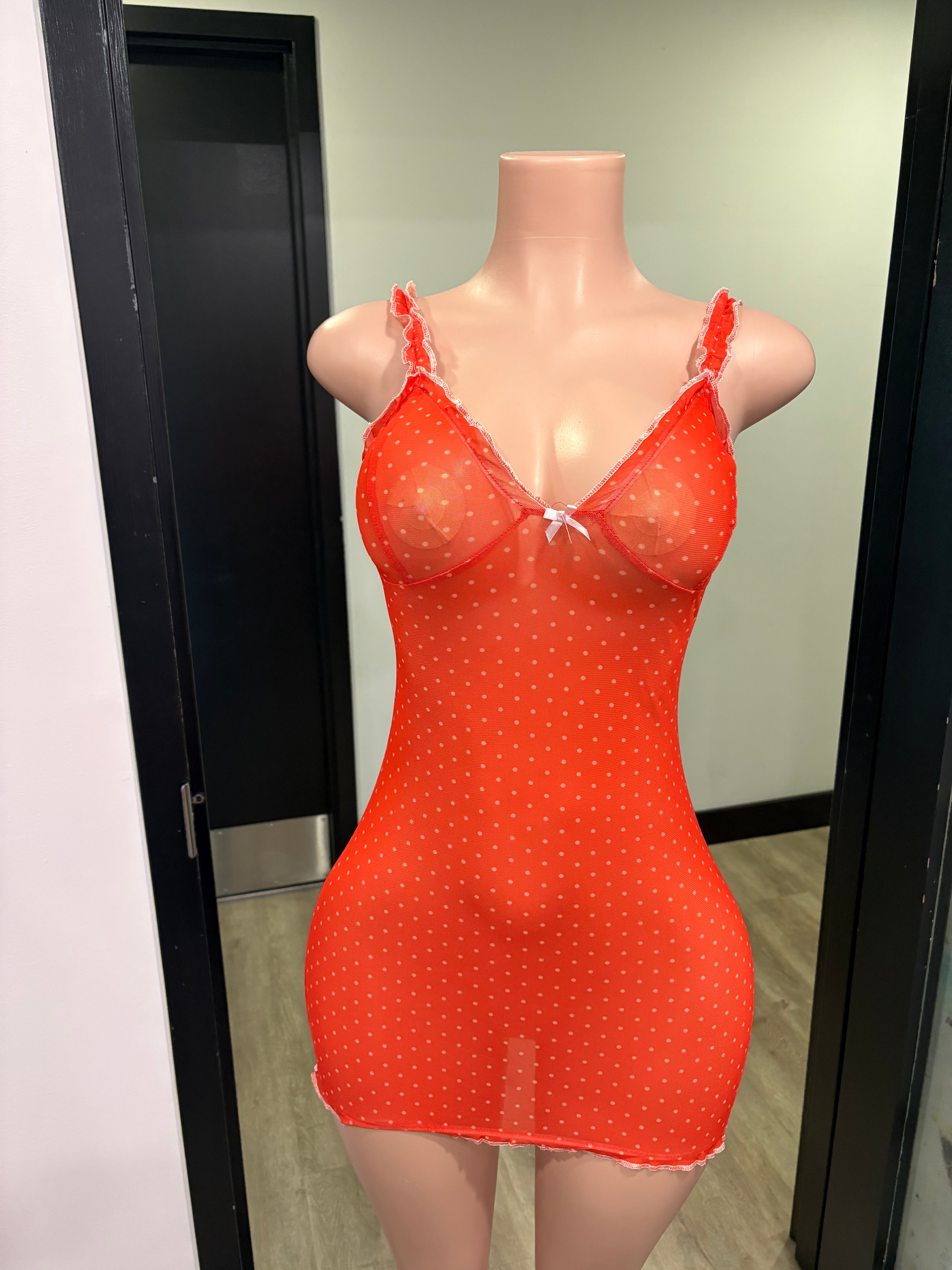 Red Sheer Polka Dot Lingerie Dress