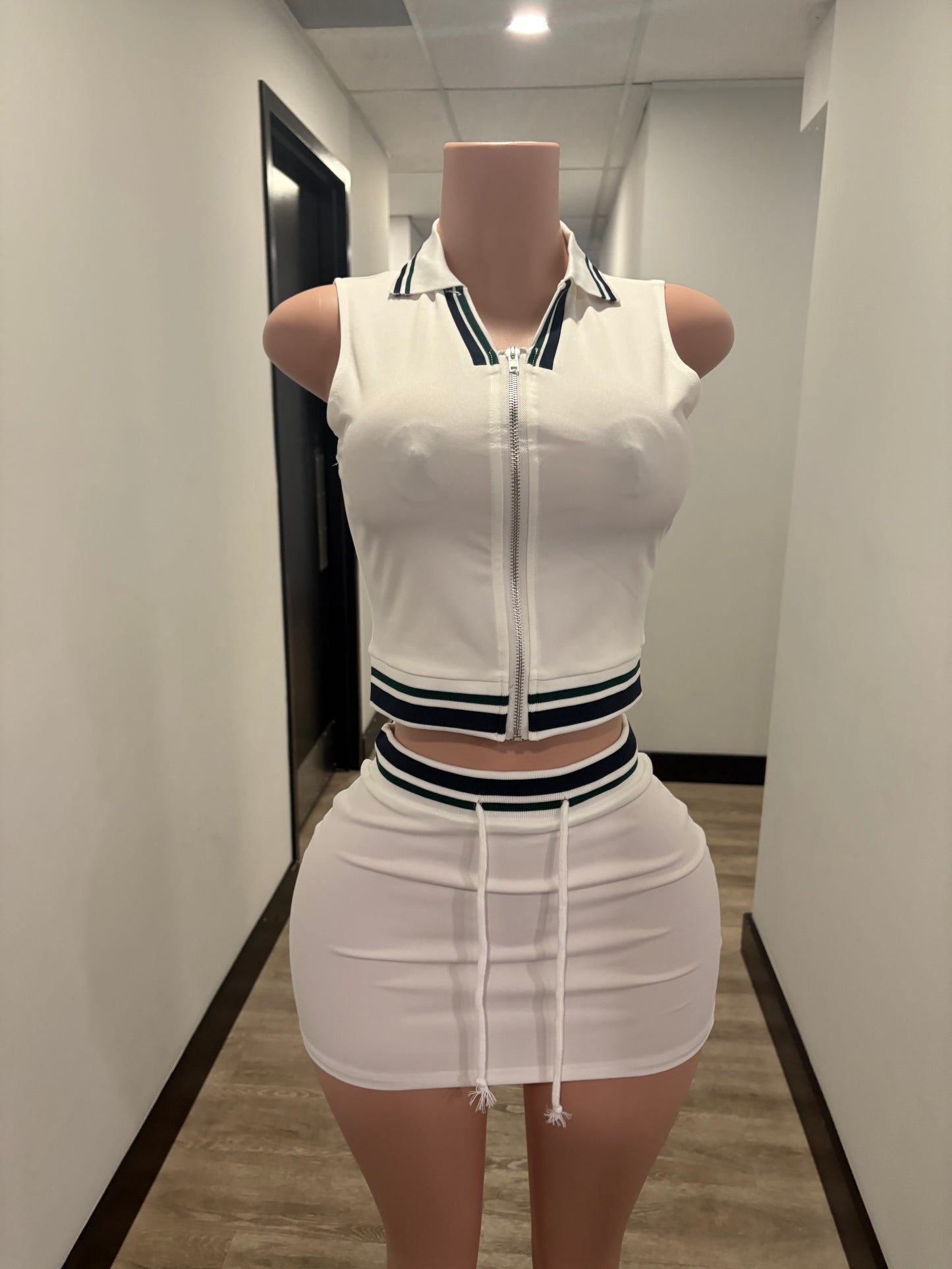 White Sporty Zip-Up Skirt Set