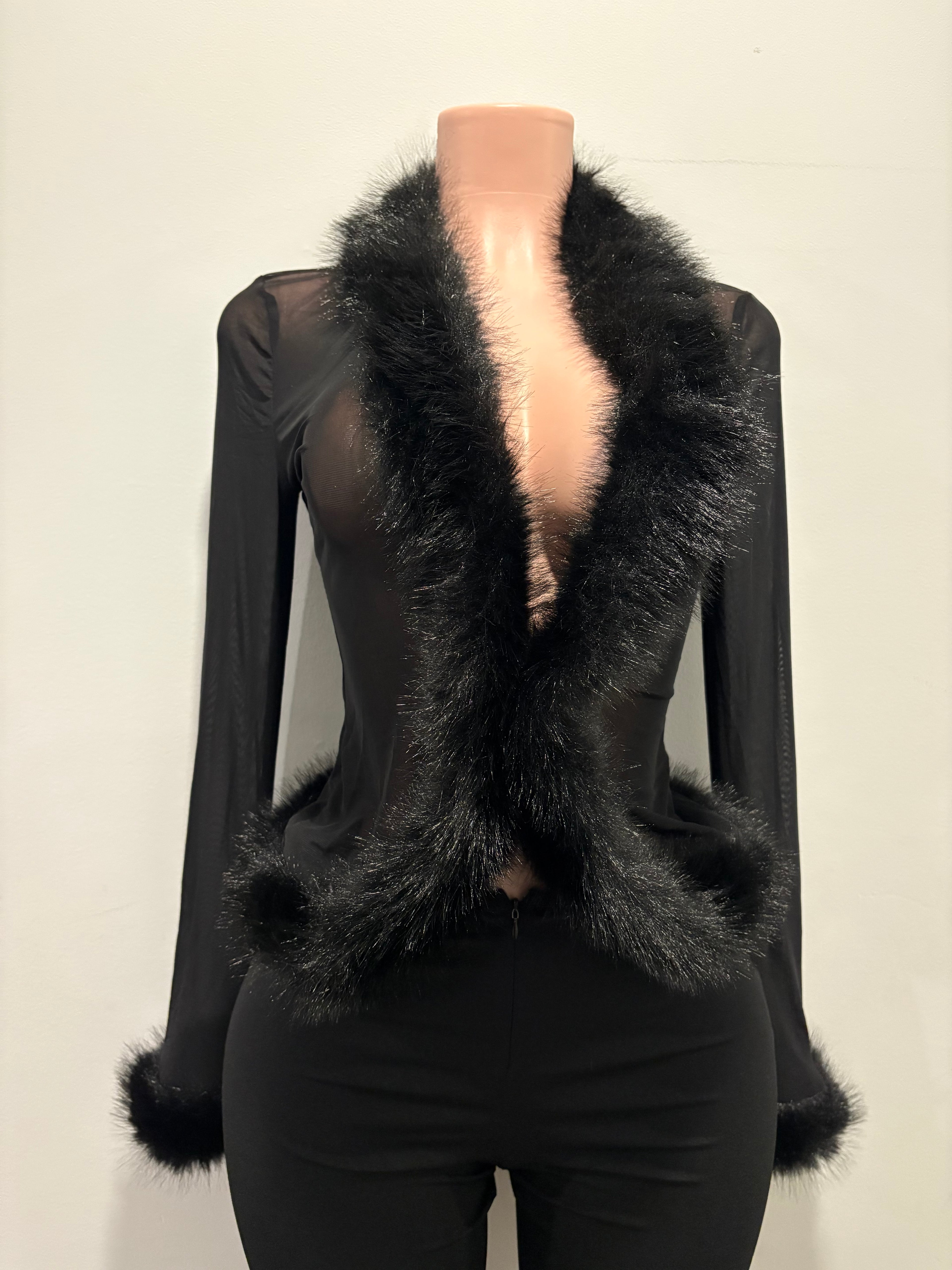 Midnight Luxe Sheer Fur Trim Top,