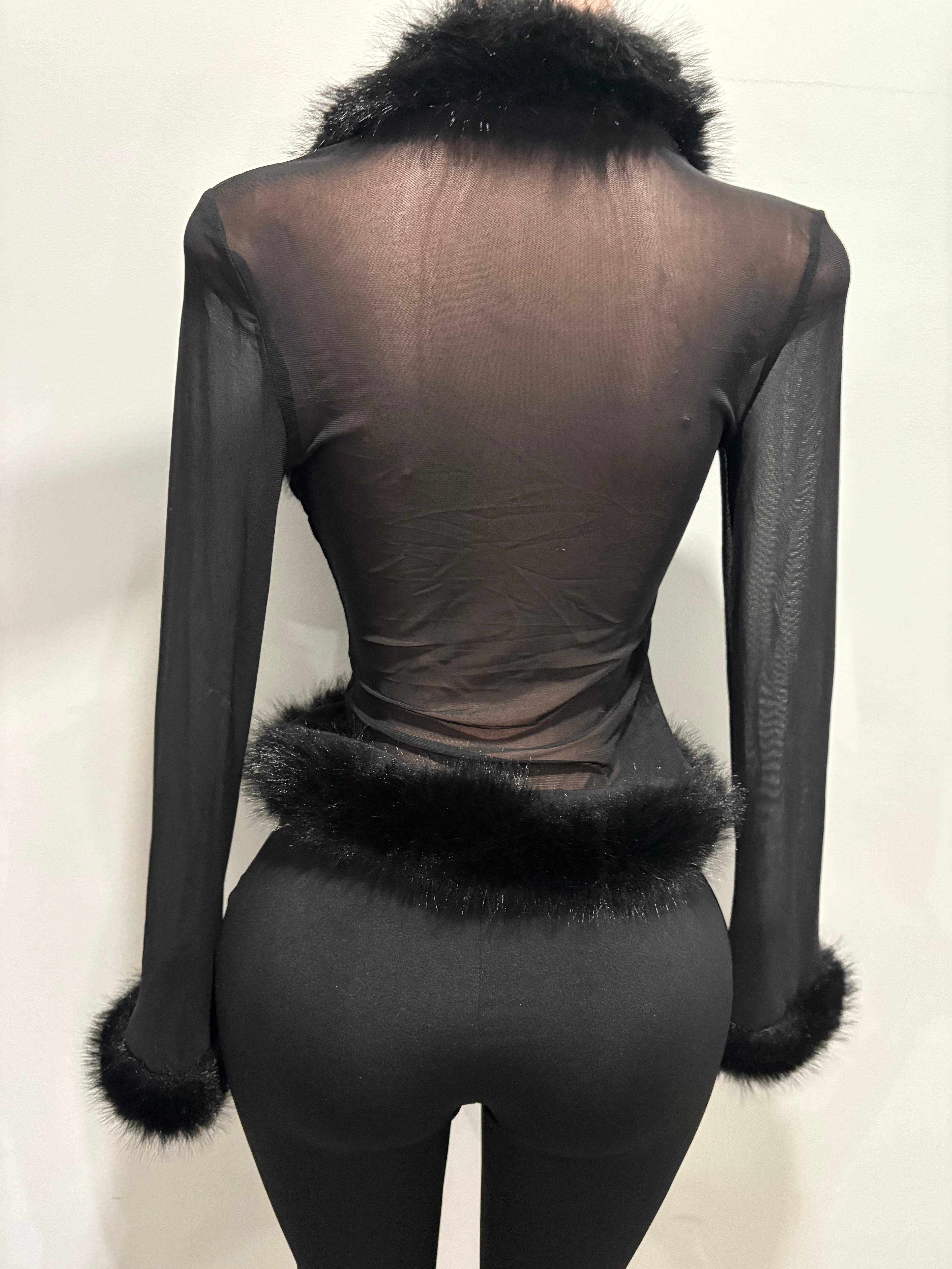 Midnight Luxe Sheer Fur Trim Top,