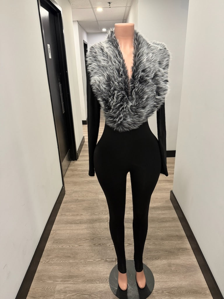 Black Fox Fur Collar Jumpsuit (Long Sleeve)