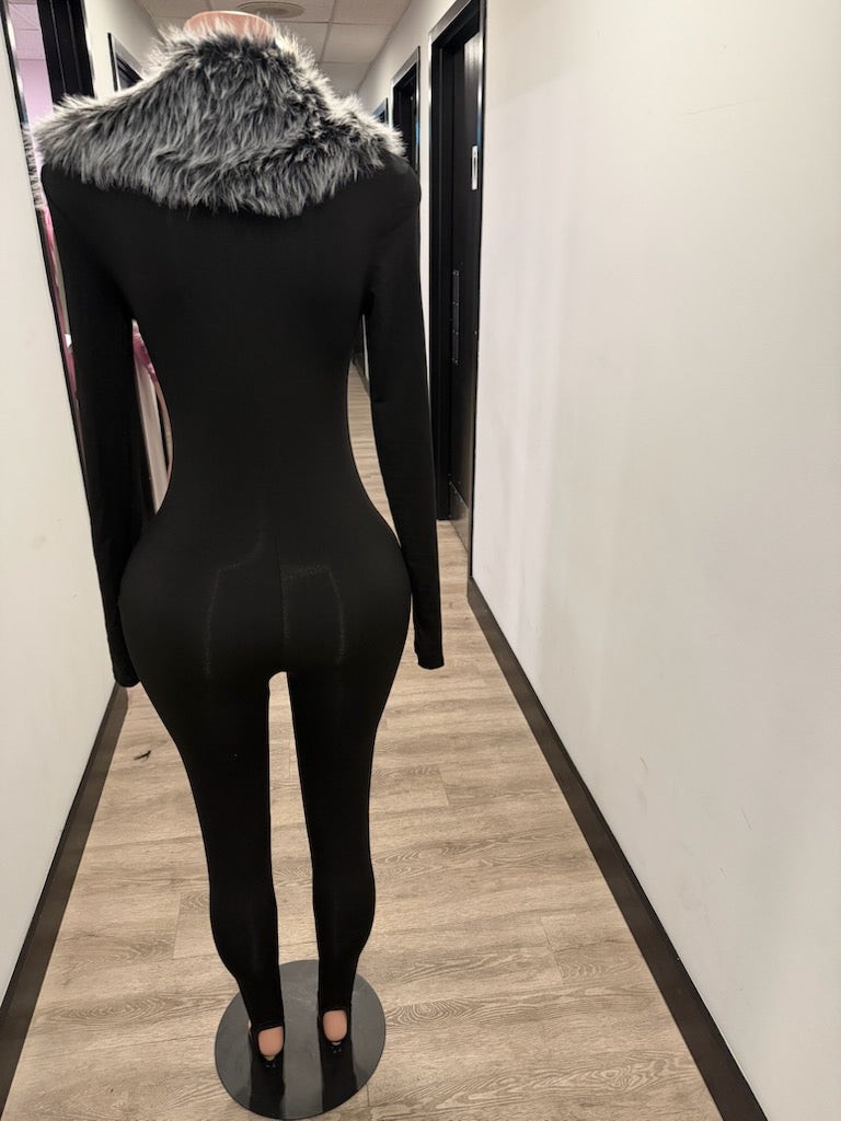 Black Fox Fur Collar Jumpsuit (Long Sleeve)