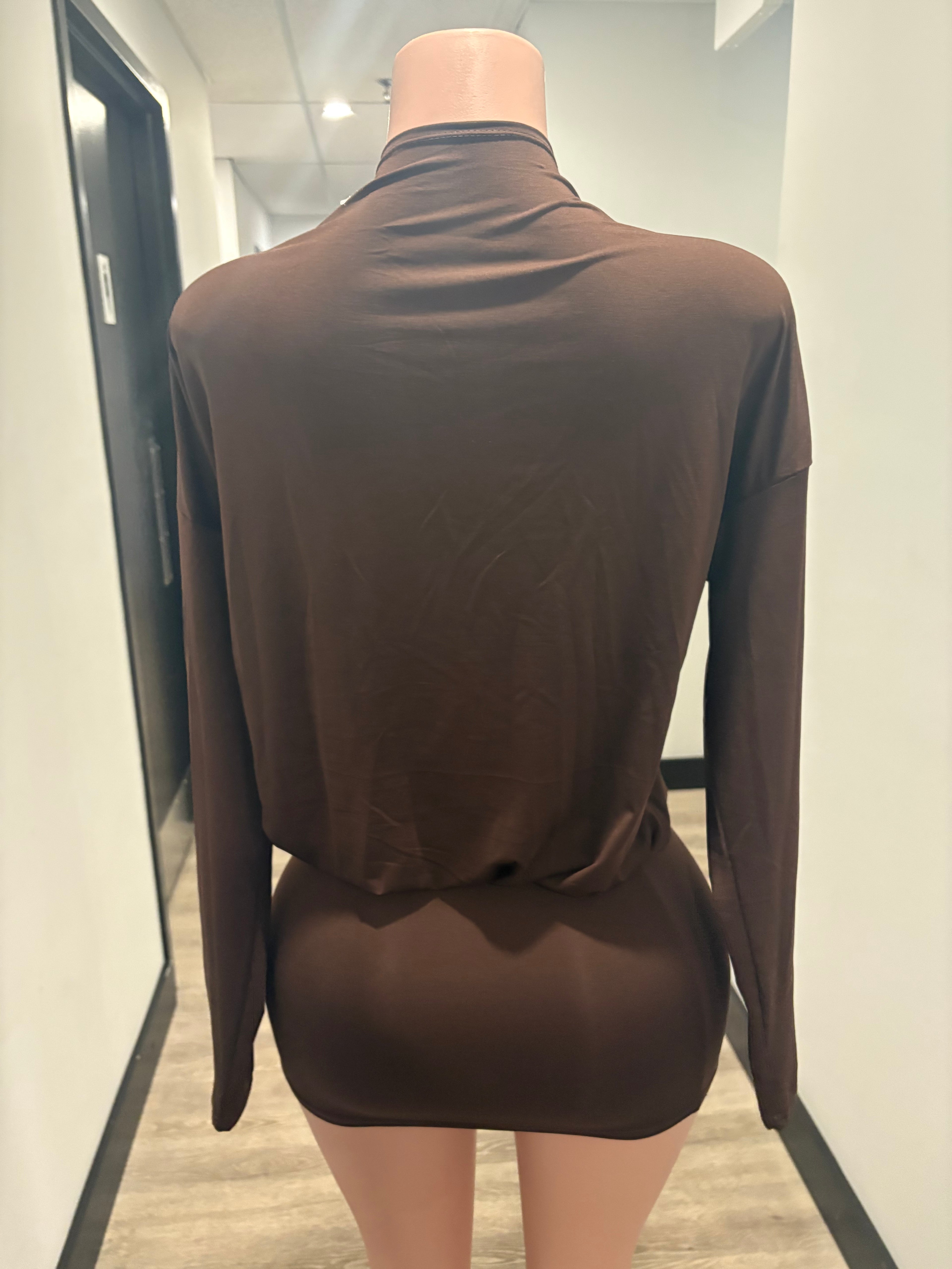 Brown Deep Plunge Mini Dress