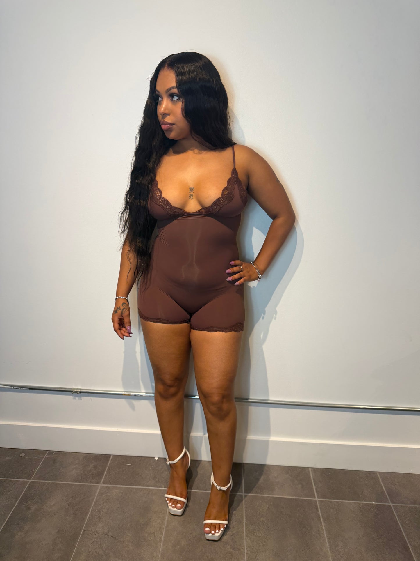 Mocha Muse Sheer Lace Romper