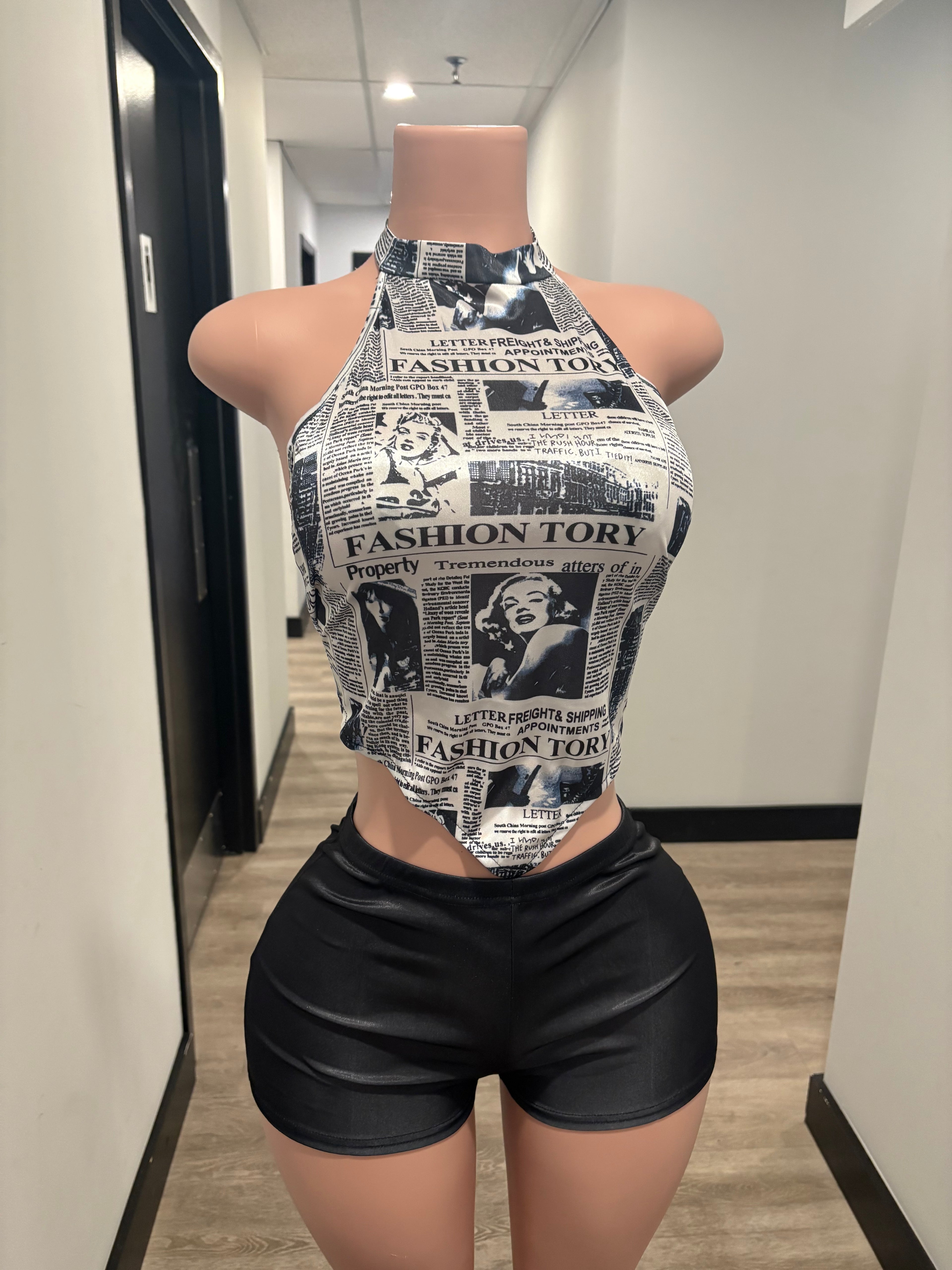 Newspaper Print Halter Top + Black Shorts