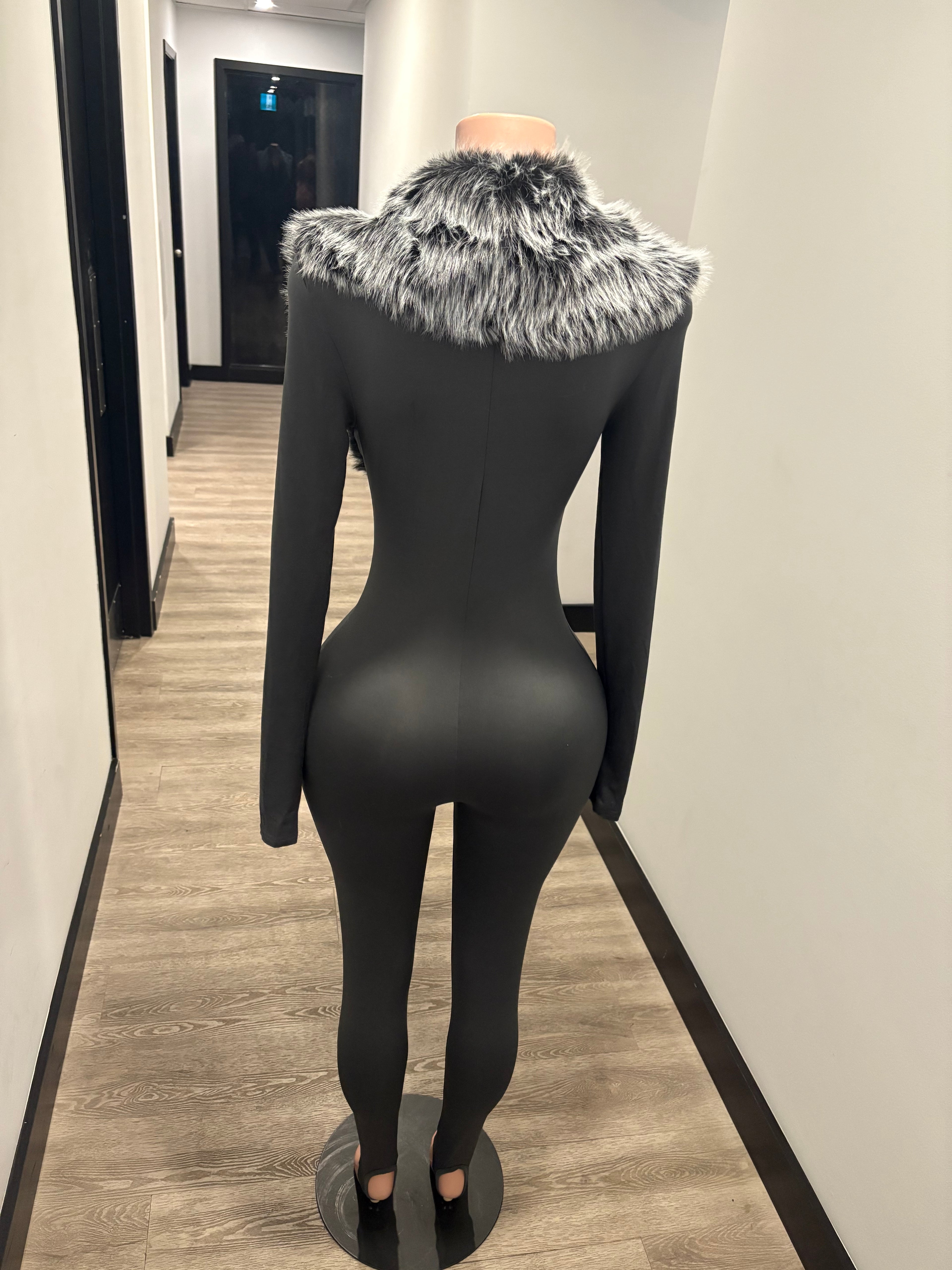 Silver Fox Fur Collar Jumpsuit (Long Sleeve)