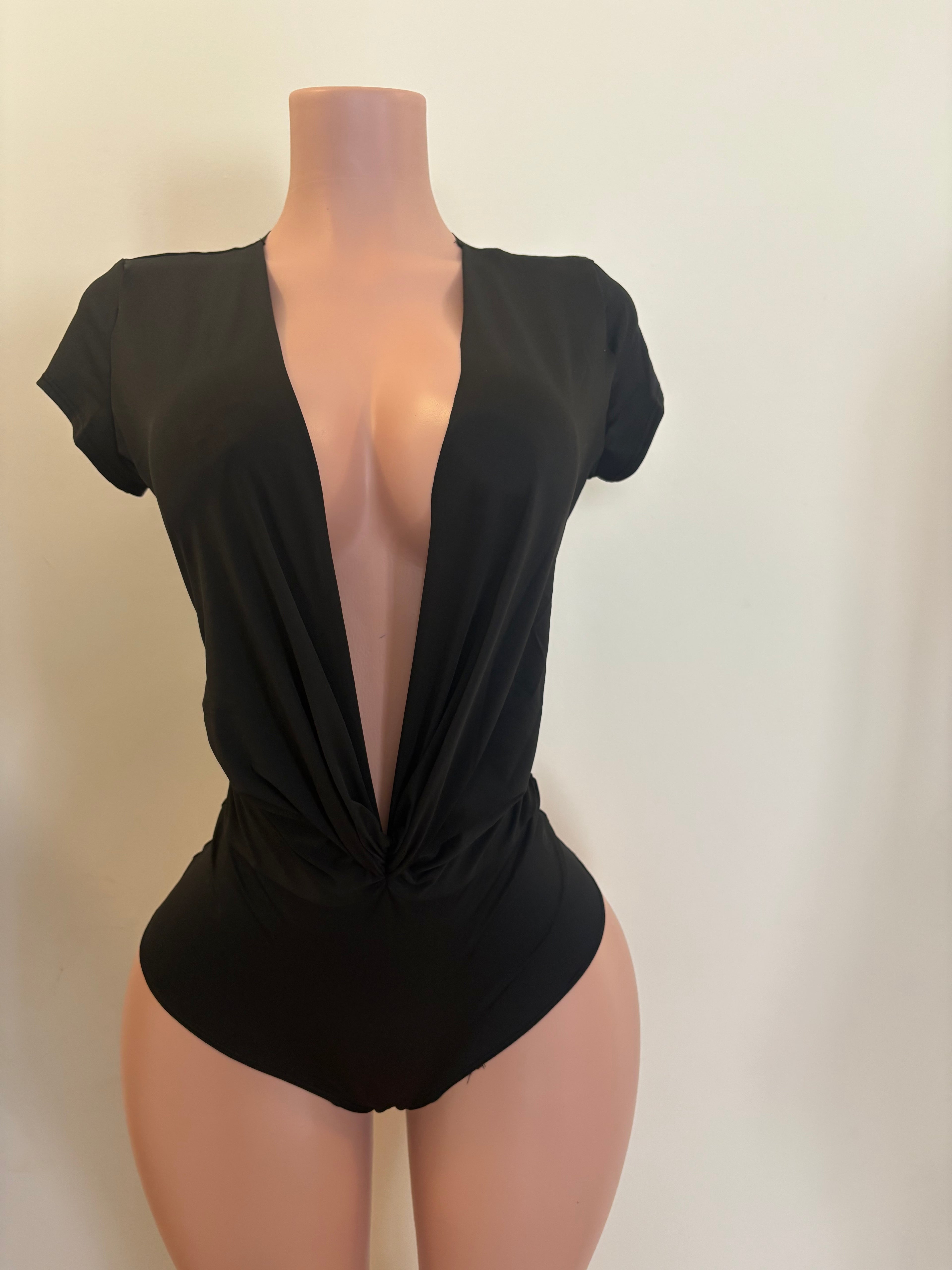 Deep V Black Bodysuit