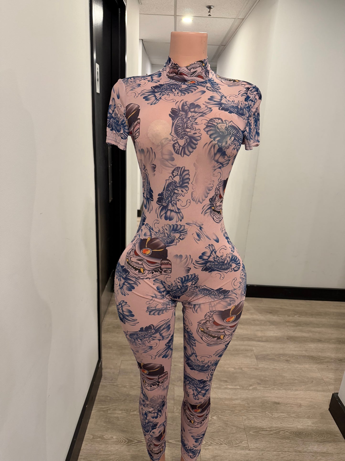 Pink Dragon Print Body Suit Set
