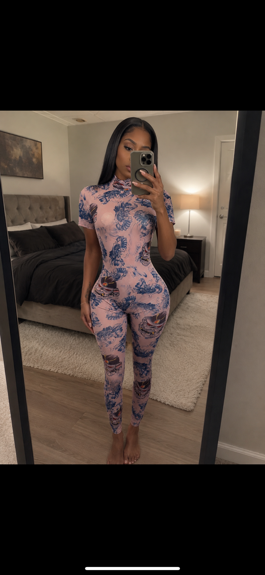 Pink Dragon Print Body Suit Set