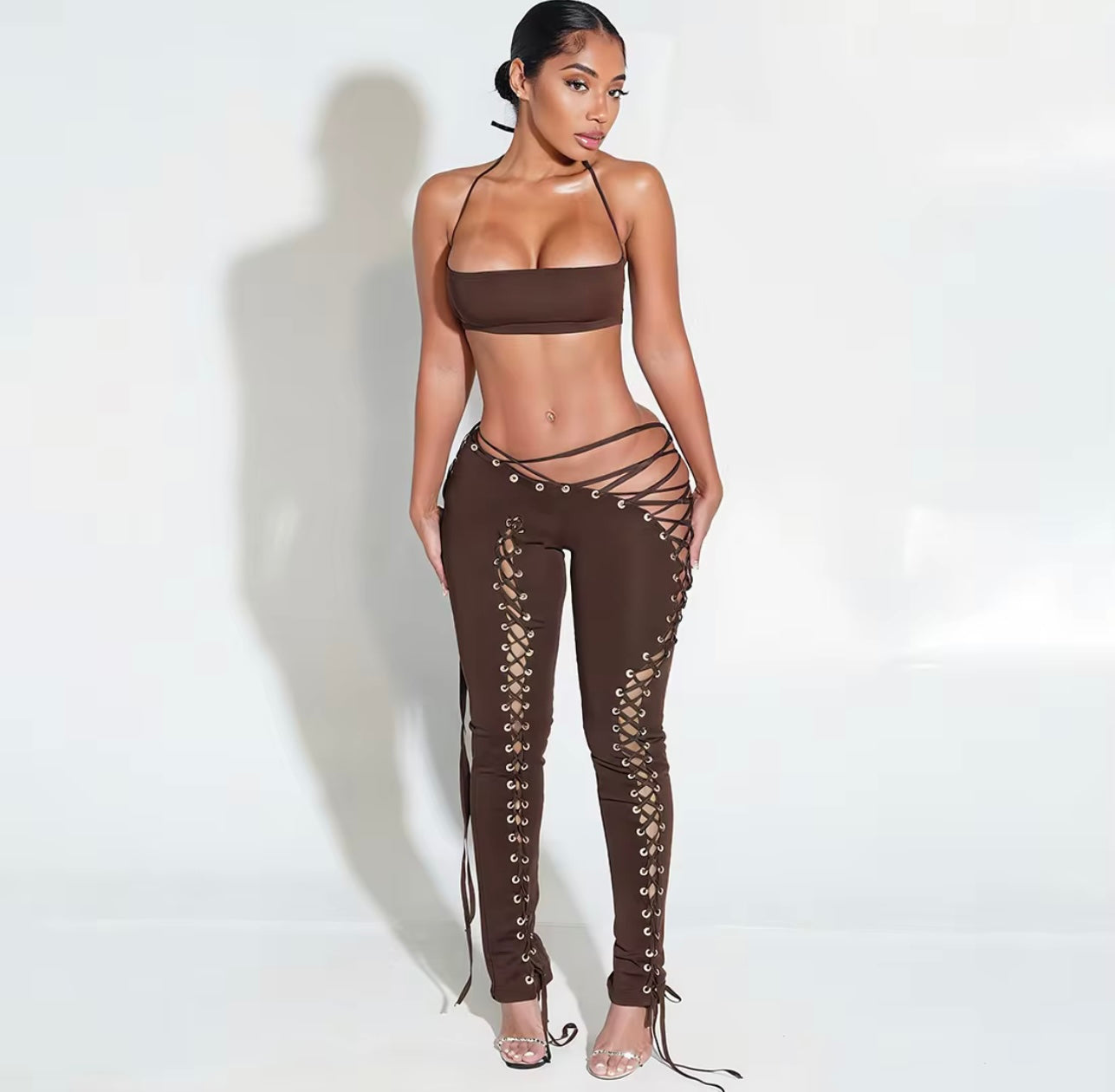 Brown Lace-Up Two Piece Set