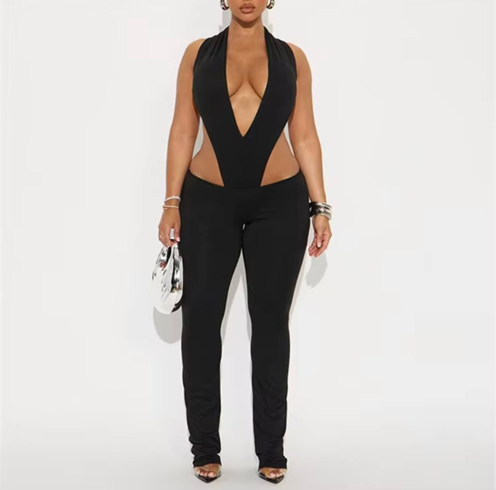 Cutout Deep V Jumpsuit – Black / Grey