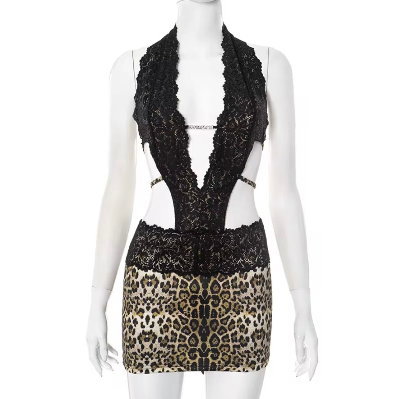 Wild Temptation | Leopard Lace Cutout Mini Dress