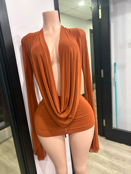 Satin Heat | Rust Drape-Front Backless Mini Dress